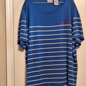 Blue and white striped sweater.